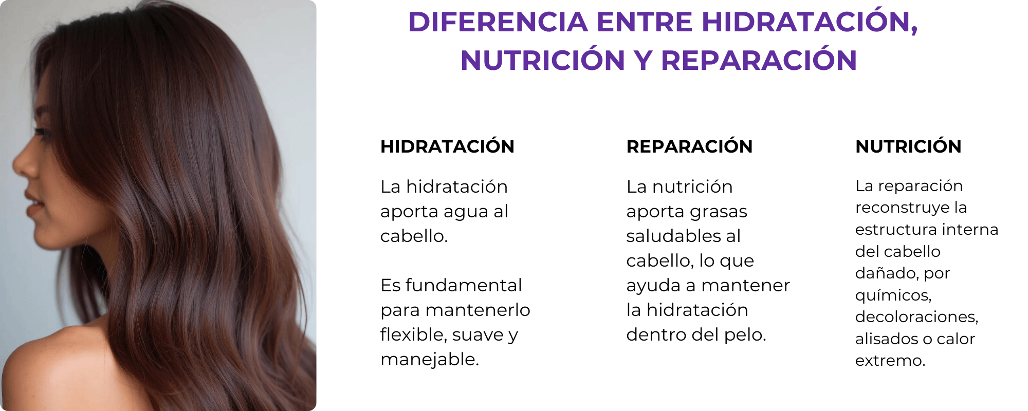 infografía sobre la diferencia entre hidratacion, nutricion y reparacion del cabello